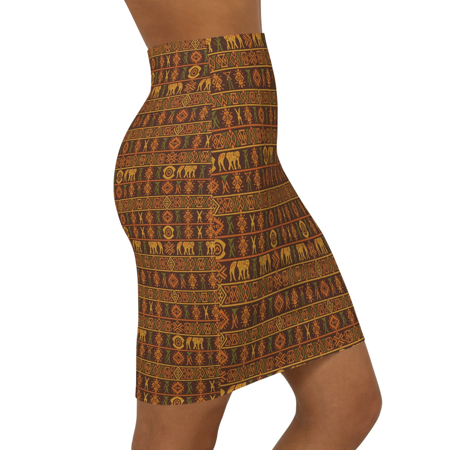 Tribal Safari Print Pencil Skirt — Earthy Aztec Elephant Pattern