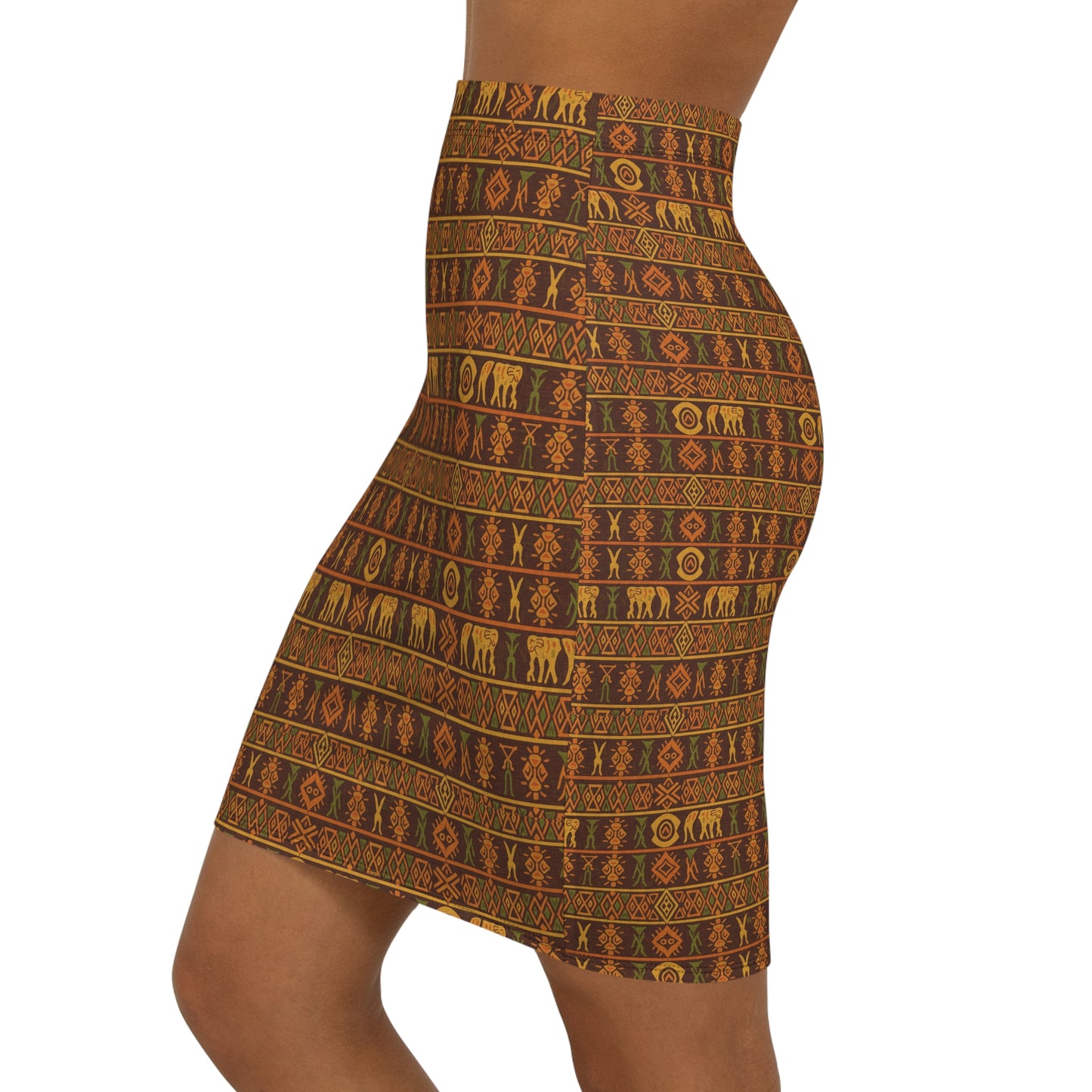 Tribal Safari Print Pencil Skirt — Earthy Aztec Elephant Pattern