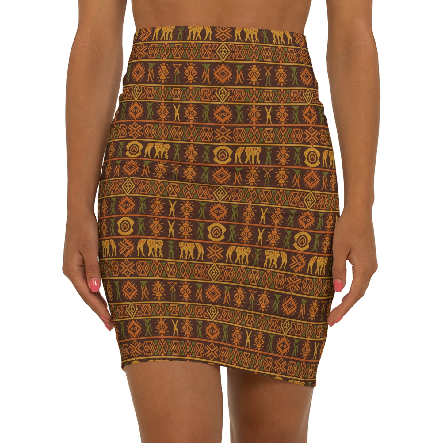 Tribal Safari Print Pencil Skirt — Earthy Aztec Elephant Pattern