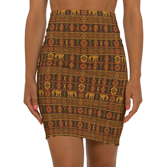 Tribal Safari Print Pencil Skirt — Earthy Aztec Elephant Pattern