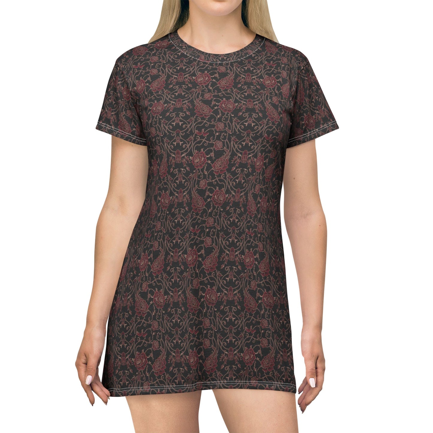 Victorian Rose Pattern T-Shirt Dress | Dark Floral All-Over Print