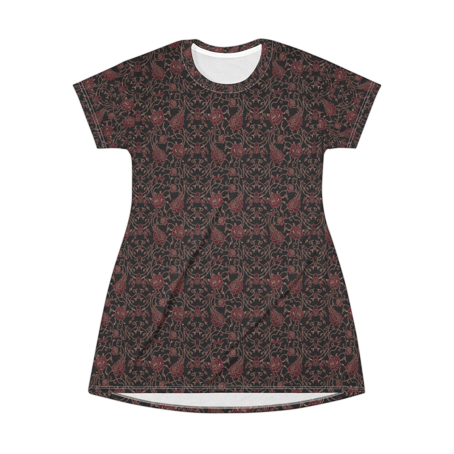 Victorian Rose Pattern T-Shirt Dress | Dark Floral All-Over Print