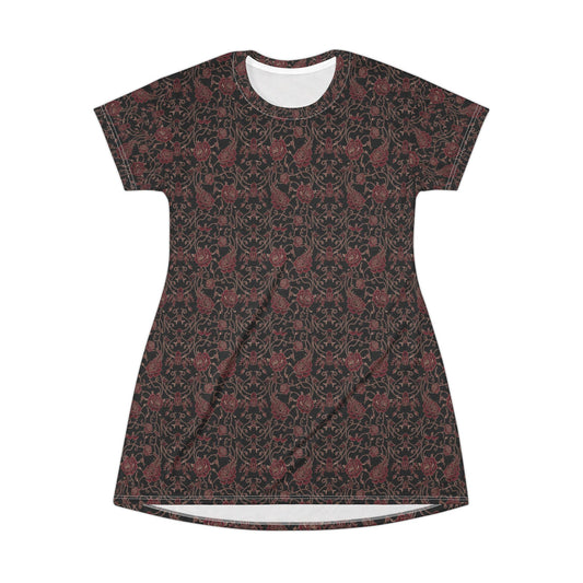 Victorian Rose Pattern T-Shirt Dress | Dark Floral All-Over Print
