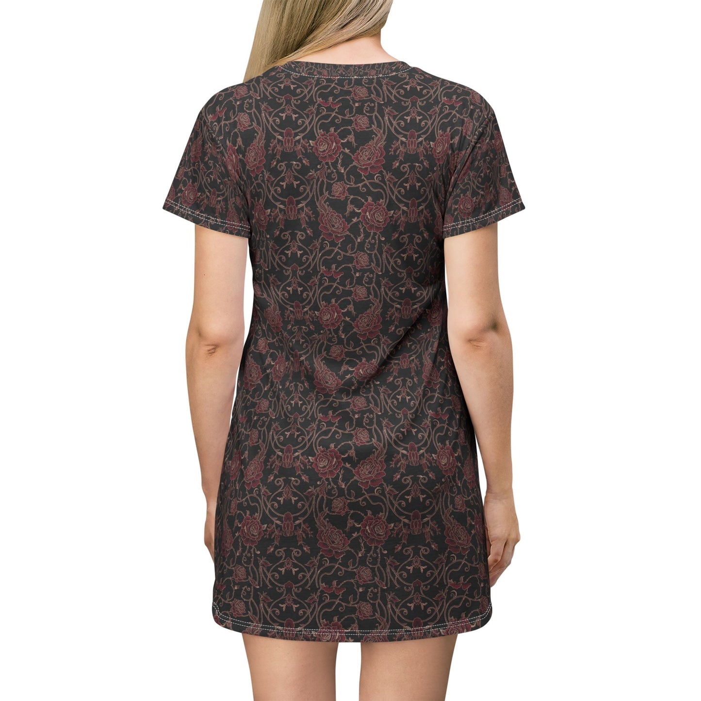 Victorian Rose Pattern T-Shirt Dress | Dark Floral All-Over Print