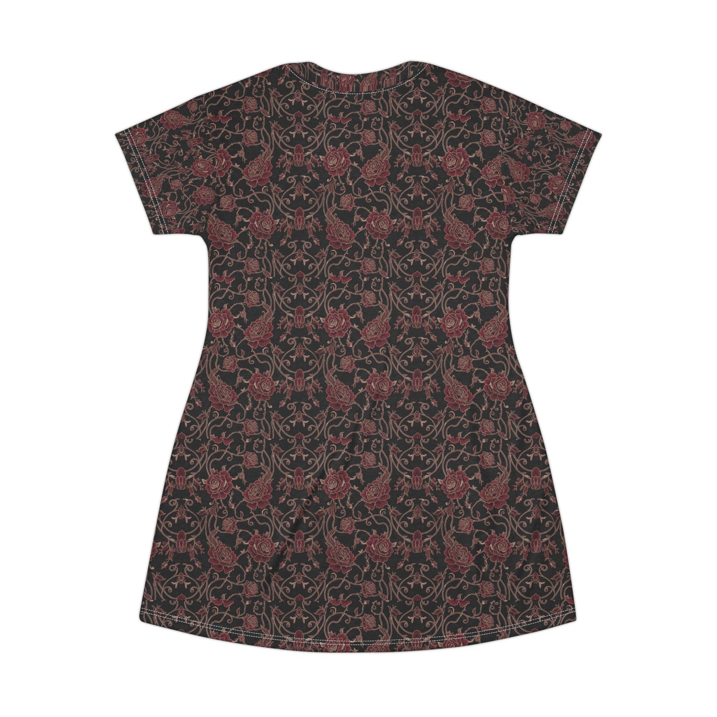 Victorian Rose Pattern T-Shirt Dress | Dark Floral All-Over Print
